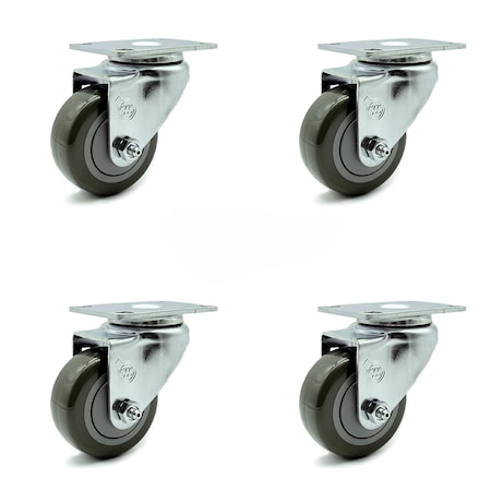 Service Caster 3.5 Inch Gray Polyurethane Wheel Swivel Top Plate Caster Set SCC-20S3514-PPUB-TP3-4